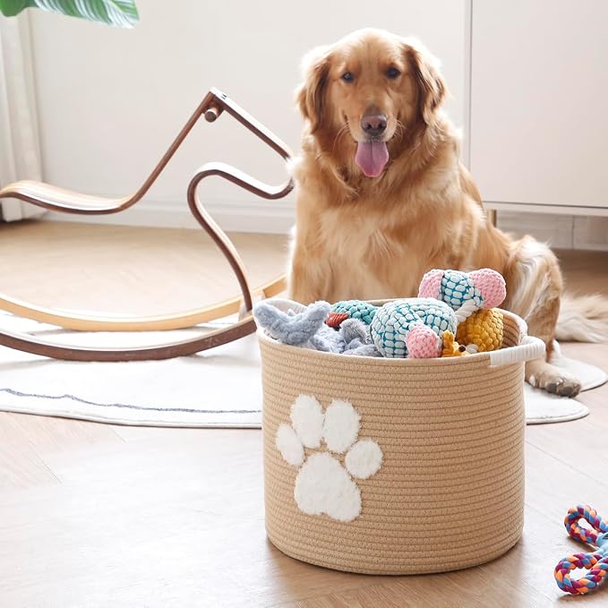 Cotton Rope Doy Toy Basket Woven Pet Storage Bin With Fluffy Paw Print, Large Pet Toy Organizer, Yellow Chew Proof Dog Toy Box for Dog Accessories, Blankets, Leashes