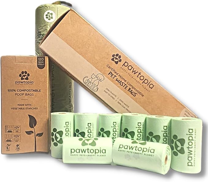 Pawtopia Pet Waste Bag Duo - 120 Standard Sized-Dog Poop Bags (8 rolls) + 100 Extra Large Cat Litter Bag with Handles (1 single roll), Vegetable Starches, Tuv Austria, Leak-Proof, Yard Pickup | Standard Poop Bags for Dogs plus XL Cat Litter Bags with H...