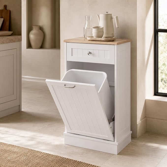 KIGOTY Tilt Out Trash Can Cabinet, Laundry Hamper Cabinet, Kitchen, White