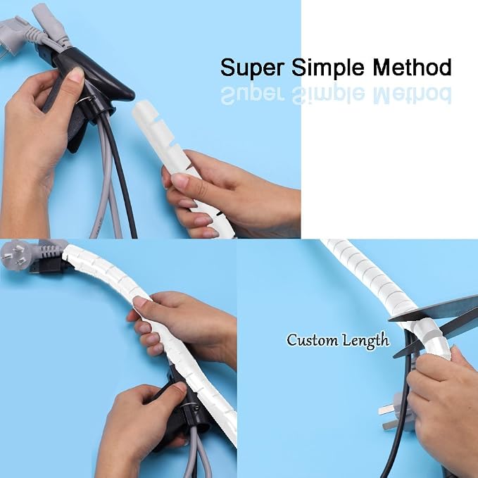 White Cable Wire Cover Cord Management Sleeve Electrical Wire Organizer Holder, VIWIEU Reusable & Expandable Desktop Spiral Tube Wire Hider with Cable Clips for TV Computer Home Entertainment