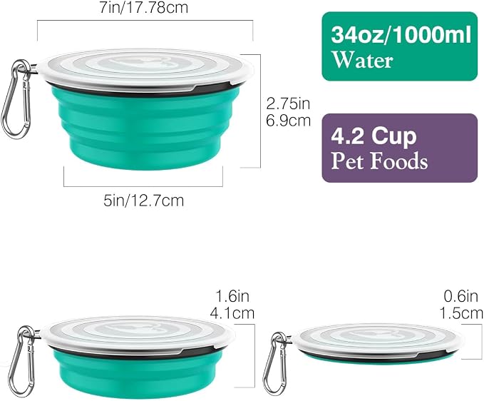 Pawaboo Collapsible Travel Dog Bowls 2 Pack with Lids&Carabiners Silicone | Feeding Watering Bowls for Dogs Cats, Collapsable Water Feeder Food Bowl for Walking Traveling Home Use, VioletTurquoise