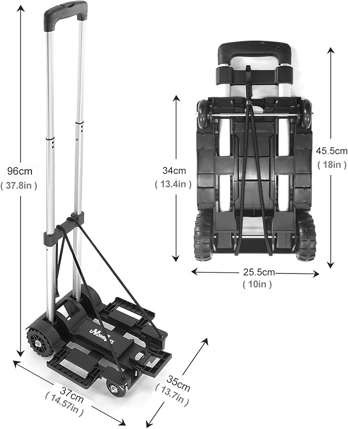 Folding Hand Truck Lightweight Trolley,4 Wheels Small Utility Dolly Cart | 2 Elastic Ropes,portable backpack trolley,luggage cart,Dolly,Grocery cart,Travel,Moving,Shopping.Aluminum Pole,black