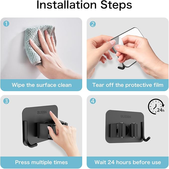 nacena 4 Pack No Drill Self Adhesive Broom Mop Holder Wall Mount with Hooks, Heavy Duty Stainless Steel Organizer for Kitchen Bathroom Garage Storage, Black