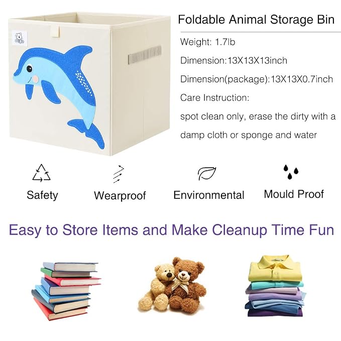 13 Inch Animal Cube Storage Bins, Foldable Fabric Kids Toy Box & Toy Chest | Kids Storage Cubes, Toy Storage Organizer Basket for Toddlers, Boys and Girls, Playroom and Nursery (Dolphine)