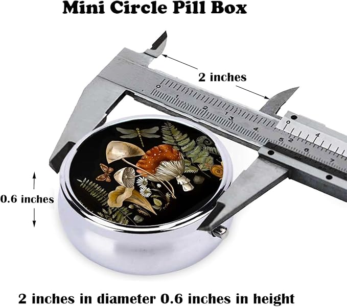 Pill Box, Small Pill Organizer with 3 Compartments and Mirror, Cute Round Portable Travel Metal Pill Case for Pocket or Purse, Privacy-Protecting Medicine Box-Retro Mushroom