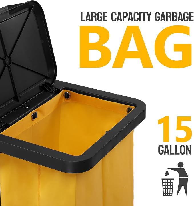 TUFFIOM Commercial Traditional Cleaning 3-Shelf Janitorial Cart, 500 Lbs Capacity Housekeeping Cart, Wheeled with Yellow VinylBag and Cover w Lid, Black