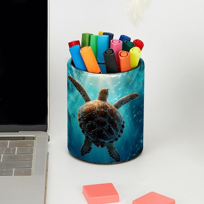 Faux Leather Pen Holder for Desk, Pencil Organizer Sea Turtle Pen Cup Desk Decor Makeup Brush Holder Storage for Office Home