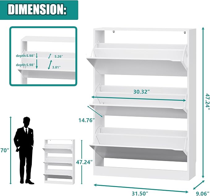 Xixini Shoe Storage Cabinet for Entryway with 3 Flip Drawers, Sturdy Wood Hidden Shoe Storage, Freestanding Narrow Slim Shoe Organizer for Front Door Entrance, Living Room, Hallway, Bedroom, White
