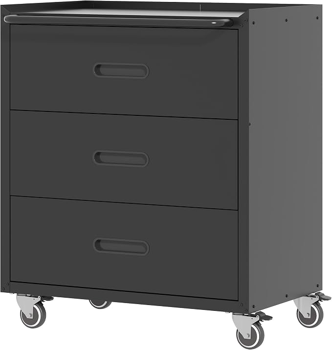 Metal Storage Cabinet for Garage, Tool Cabinet, Utility Cabinet | Wheeled, Rolling Tool Cabinet, 3 Drawer, Top Countertop, Assembly Required, Black