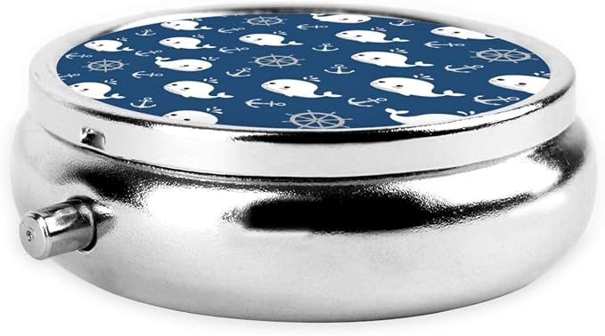 Pocket Pill Box, Navy Nautical Wheels Anchor Cute Whale Compact Round Dispenser, Travel Organizer for Supplements, Waterproof Case Purse Carry for Hiking