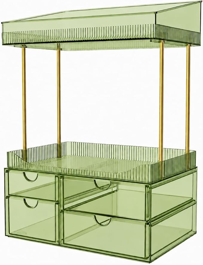 SNSLXH 4-Tier Clear Makeup Organizer Bathroom Storage Green | 4 Drawers Cosmetics Organiser, Ideal for Countertop, Bathroom, Office, Dresser, for Cosmetics, Skincare, Perfume, Lipstick