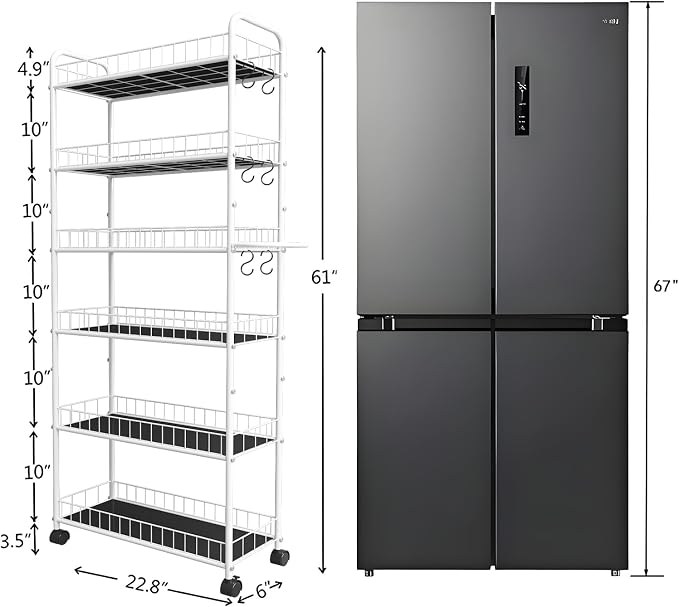 10in 6 Tier Slim Storage Cart with Wheels, Narrow Space Rolling Shelving Unit with Handle, Metal Wire Mobile Organizer Rack for Kitchen Bathroom Office Laundry