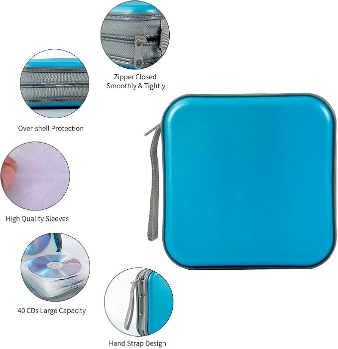 CD Case, 40 Capacity CD DVD Case Wallet Holder Portable Disc VCD Heavy Duty Binder Storage Organizer (Sky Blue)