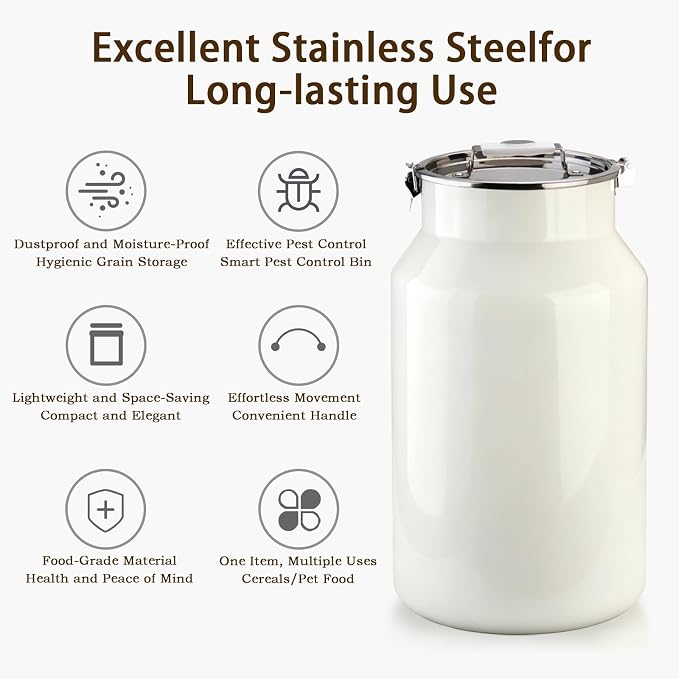 Dog-Cat Food Storage Container 40 lb, Large Stainless Steel Bin | 38 Qt 304 stainless steel bin holds up to 40 lb of dry pet food; silicone-sealed airtight lid; 1-cup wood-handled scoop.