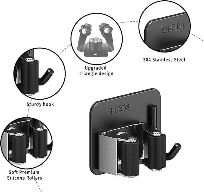 Broom Holder Wall Mount,Mop and Broom Holder Wall Mount Command | 3pcs Garden Tool Organizer,304 Stainless (Black)