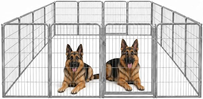 Indoor Dog Playpen - 40 inch, 16 Panels for Medium and Large Size Dogs - Play Pen w/Extra Wide Gate - Heavy Duty Metal Portable Pet Fence with Grey Anti-Rust Coating