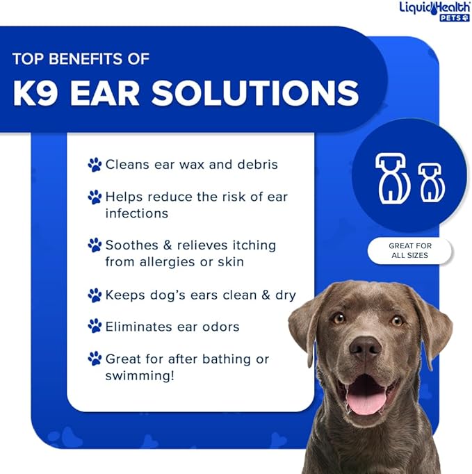 LIQUIDHEALTH Pets K9 Dog Ear Cleaner Wash Solutions - Infection Cleaning Hygiene Treatment Liquid Drops for Dogs, Canines, Puppies - for Use After Swimming or Bathing - Made in The USA (8 oz, 3Pack)