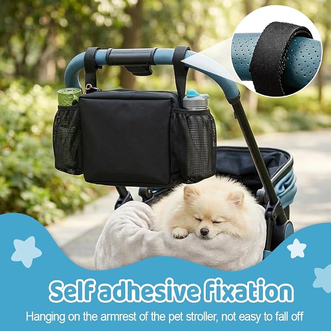 Dog Stroller Organizer Bag, Portable Spacious Compartments Pet Stroller Caddy Bag with Hook-and-Loop Straps & Side Mesh Pockets for Dog Cat Supplies Outdoor Travel