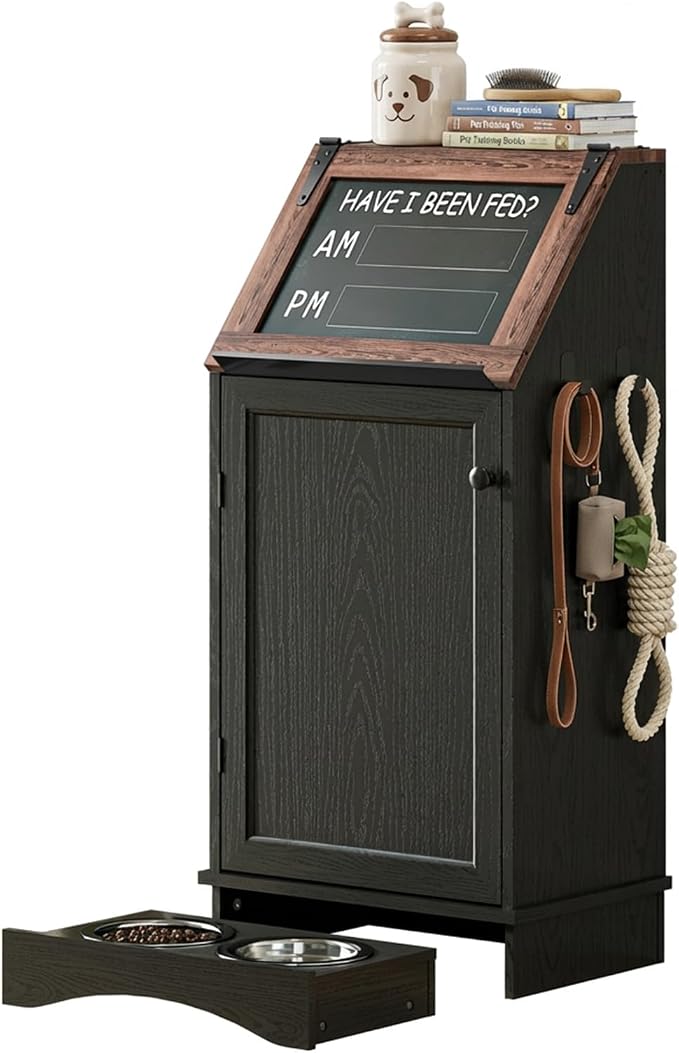 Dog Food Feeding Station with Storage, Pet Food Storage Cabinet with Bowls and Flip-Top Blackboard, Hidden Trash Can, Pet Organizer Cabinet for Dog and Cat, Black