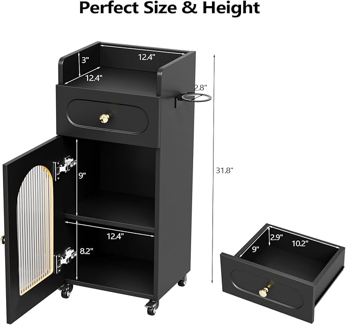 Salon Cart with Wheels & Adjustable Shelf, Black 3-Tier Rolling Beauty Trolley for Hair Stylist, Barber, Esthetician, Storage Cabinet w/Glass Door & Hair Dryer Holder, Mobile Station for Spa, Tattoo