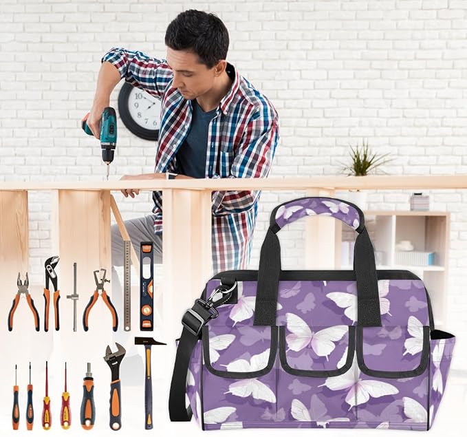 Butterfly Heavy Duty Tool Bag 14.8 Inch Purple Portable Soft Tool Box Organizer Storage with Adjustable Shoulder Strap