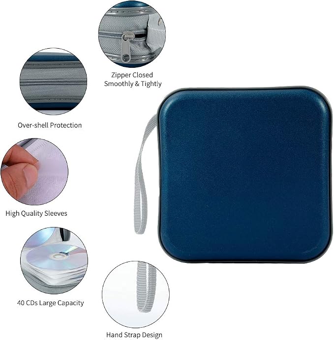 CD Case, 40 Capacity CD DVD Case Wallet Holder Portable Disc VCD Heavy Duty Binder Storage Organizer (Dark Blue)