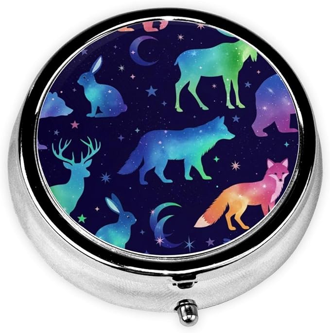 Travel Pill Dispenser, Round Small Organizer, Metal Case for Medicine, Pocket Purse Container for Camping Trips, Space Galaxy Deer Bear Moose Fox Wolf Wild Animals