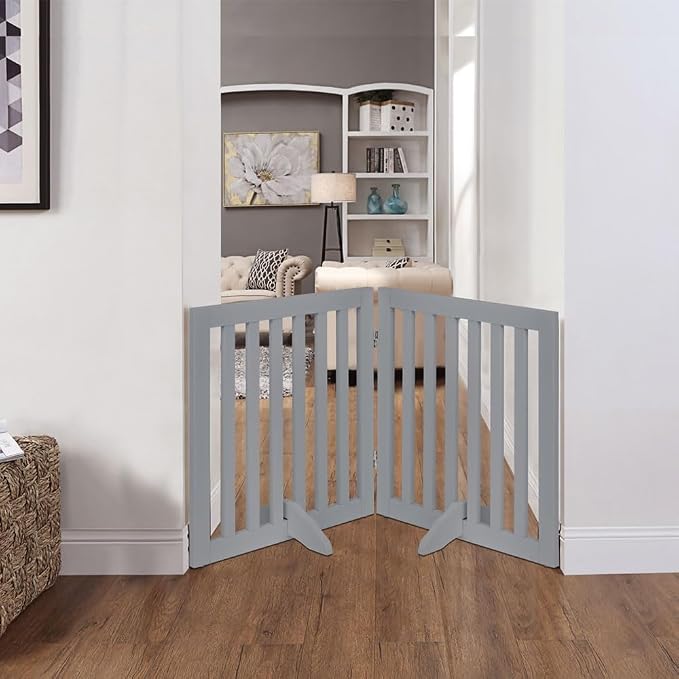 unipaws 24”H Free Standing Pet Gate for Dog Cat, 40”Wide Wooden Dog Gates | Foldable Pet Fence for Doorway, Stairs, Step, Expandable Doggy Barrier, Indoor Use