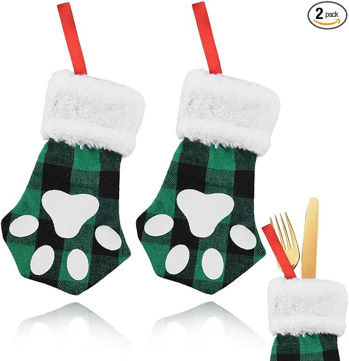 yaozeio Christmas Kitchen Utensil Holder Bag for Pet Lover Christmas Xmas Gifts for Dog Cat Owner Paw Flatware Organizer Storage Xmas Hanging Ornament Decoration Plaid Holiday Party Favor for 2