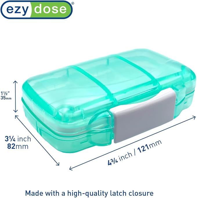 Ezy Dose Moisture-Proof Travel Pill Case, 7 Compartments, Green, Medium | Moisture-Proof Pill Case, Medicine Planner, Vitamin Organizer Box, Travel-Friendly, Latch-Closure to Secure Contents