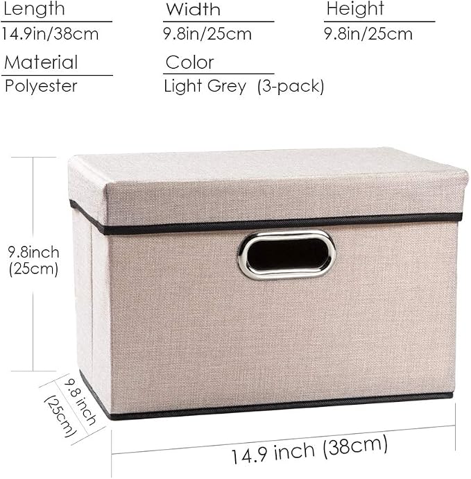 Foldable Storage Bin with Lid [3-Pack] Linen Fabric Decorative Storage Box Organizer Container Basket Cube with Handles Divider for Closet Office Living Room Light Grey(14.9x9.8x9.8)