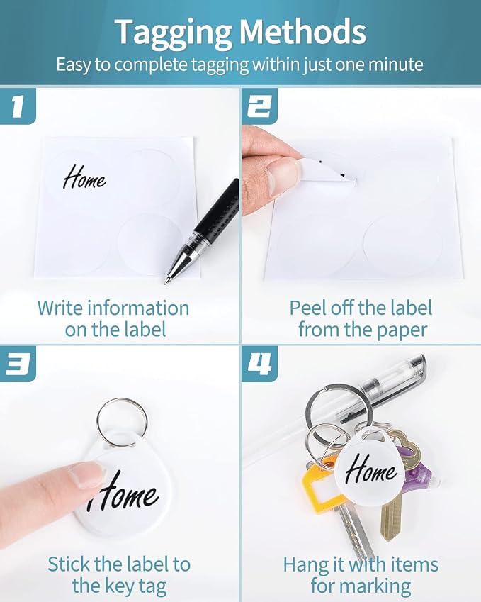 Uniclife 1.5 Inch Tough Plastic Key Tags Sturdy Round White Item Identifiers with Blank Paper Label Stickers and Split Rings, 50 Pack