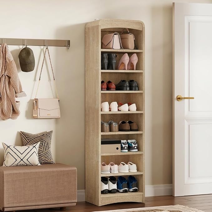 67.6” Tall Shoe Cabinet 8-Tier with Adjustable Shelves, Natural | Freestanding Shoes Organizer Cabinet for Entryway, Hallway, Living Room