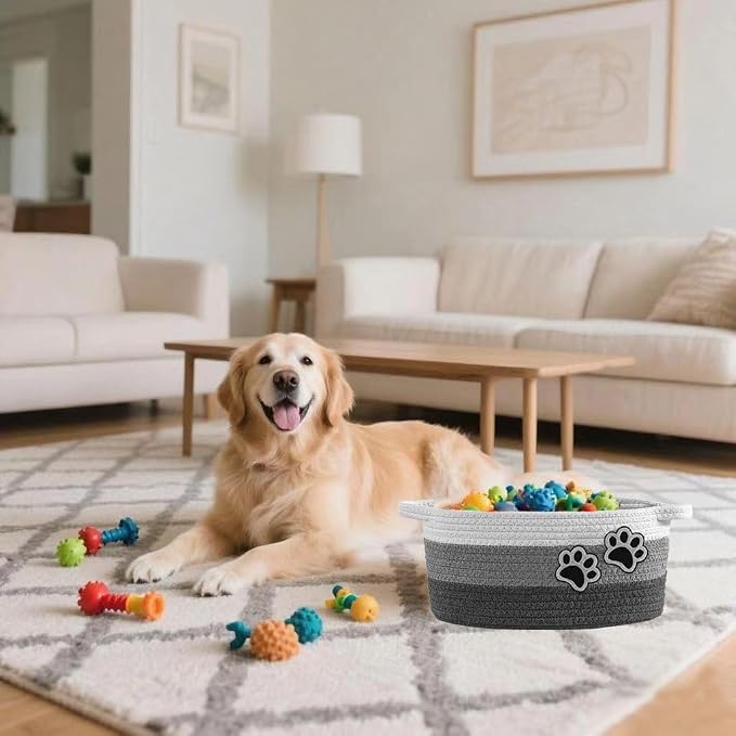 Small Woven Cotton Rope Nursery Organizer Bins, Dog Toy Basket Bins with Handle, Cute Empty Pet Gift Storage Baskets with Paw