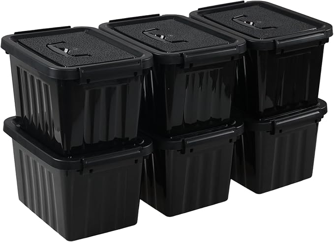6 Quart Plastic Storage Bins, Latching Box with Handle, 6 Packs | Black Small Latch Tote Container with Lid