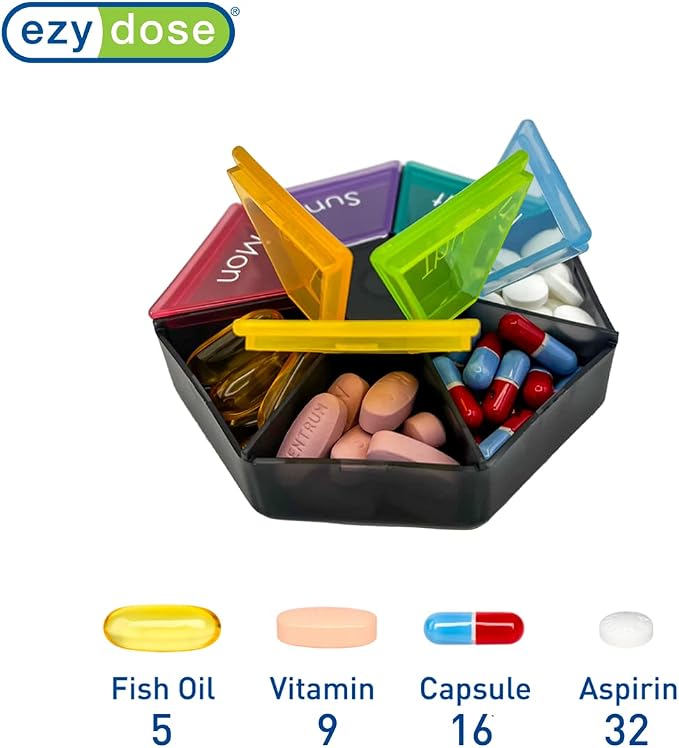 Ezy Dose Weekly (7-Day) Pill Organizer, Medicine Planner, Rainbow/Black | Vitamin & Supplement Case/Box, Rounded Base with Spacious Compartments, Convenient & Easy to Use, Great for Travel, BPA-Free