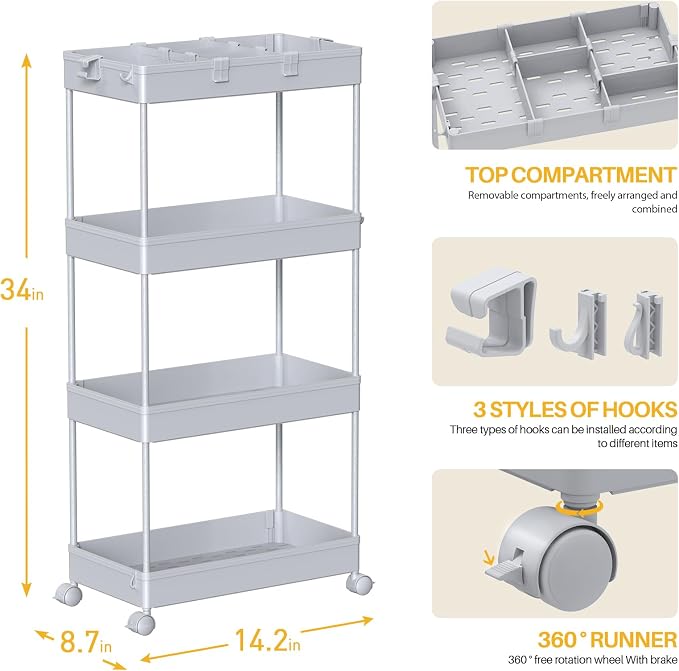 4 Tier Rolling Cart with Wheels, Storage Craft Art Trolley Organizer Serving, 3 Hanging Baskets Easy Assembly, for Office, Living Room, Kitchen