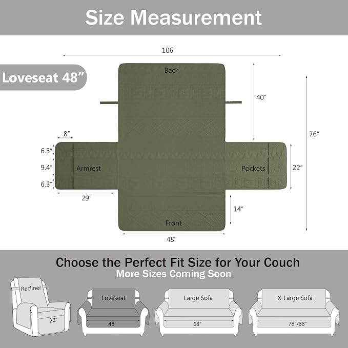 Boho Olive Green Loveseat Covers for 2 Cushion Couch, Water-Repellent Aztec Covers for Love Seat, Washable Quilted Couch Covers, Pet Friendly Loveseat Slipcovers (Loveseat 48", Olive Green)