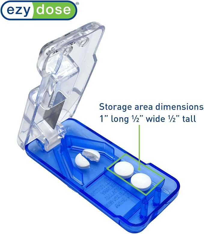 Ezy Dose Pill Cutter and Splitter with Built-in Pill Dispenser, Easy-Cut Stainless Steel Blade for Tablets, Vitamins, Medication, Portable, Travel-Size Pill Cutter for Seniors, Pets, Color May Vary