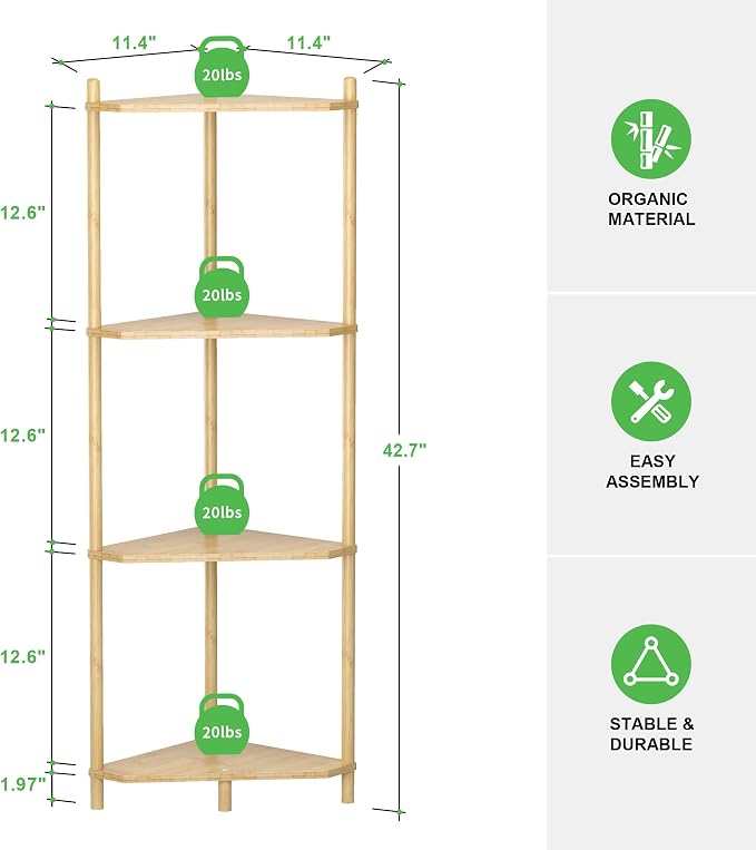 Wisuce Natural Small Corner Shelf Stand, 4-Tier Bamboo Corner Bookshelf | Space-Saving Narrow Corner Shelf | Bathroom Corner Shelf | Shelves for Bedroom, Living Room, Kitchen & Plant Display