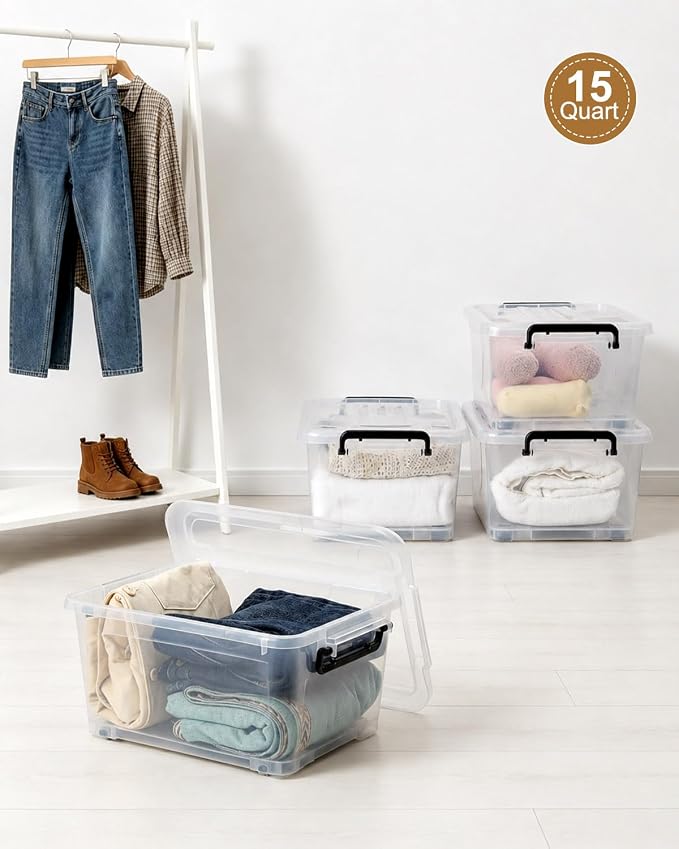 NUMIFUN 15QT Storage Bins with lids, Stackable Space Saver for Family | 4-pack BPA-free plastic boxes with secure latches. Deep recessed lids ensure safe stacking for closet & garage storage.