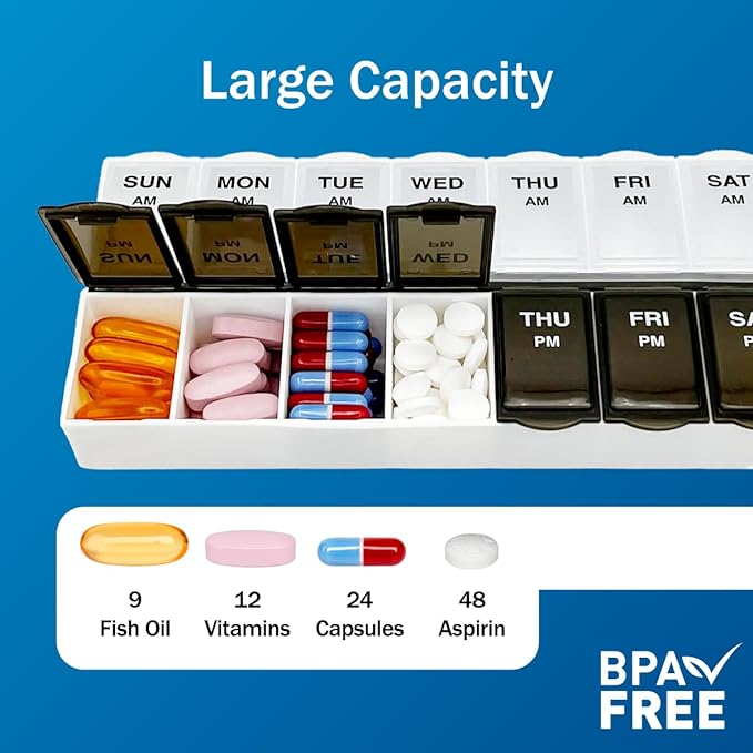 Amazon Basic Care 7-Day AM/PM Pill Organizer, Vitamin Case and Medicine Box with Large Compartments, 2 Times a Day, Black and Clear Lids