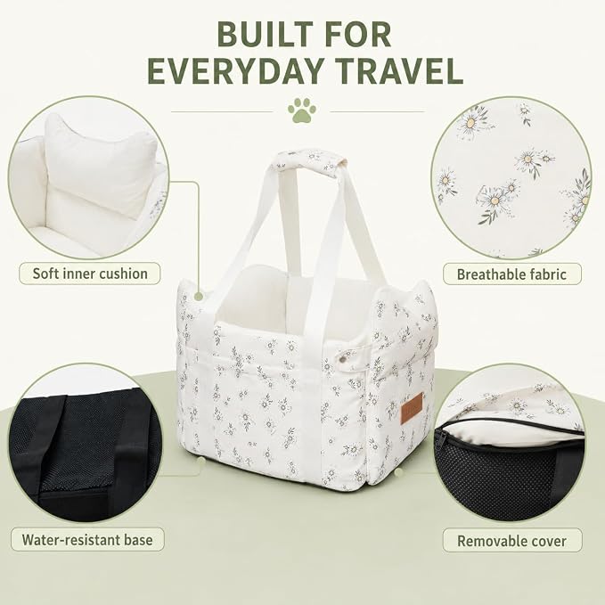 Center Console Dog Car Seat for Small Dogs (Off White) | 5 to 15 lbs, Pet Travel Booster Seat with Safety Leash, Detachable Seat Belt, and Storage Pockets