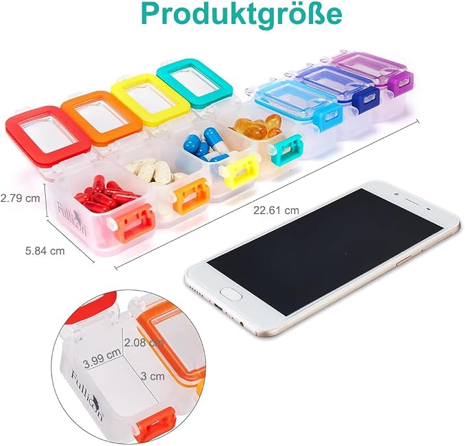 Fullicon Moisture Proof Pill Organizer 7 Day, Pill Box, Rainbow Clear | Each Compartment Holds Up to 40 Small or 15 Large Capsules, 10 Tablets, or 9 Fish Oils, Spill Proof, Color Coded, BPA Free