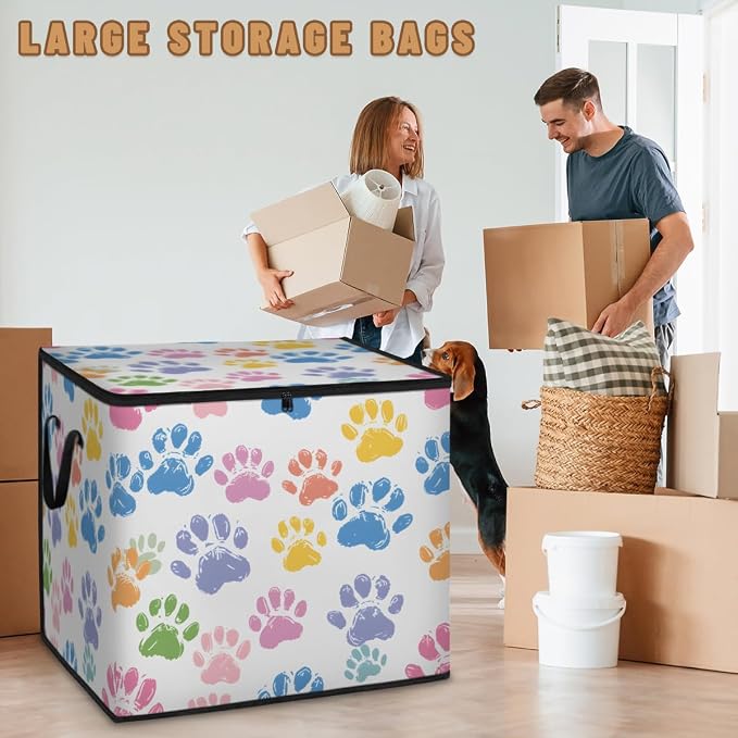 Colorful Dog Paw Large Storage Bags, Fabric Bed Storage Containers, Foldable Closet Organizers for Blanket, Clothing, Comforter, Bedding, Paw Print