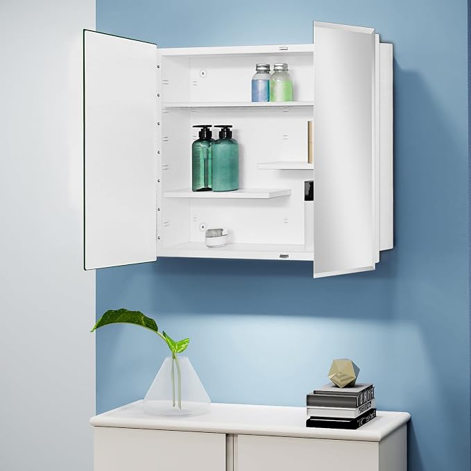 White Metal Double Door Medicine Cabinet 30 x 24 Beveled Mirror, Wall Mount | Double Door Metal Mirror Cabinet with Adjustable Staggered Shelves, Piano Hinge, Fully Assembled, Recessed / Surface Mounting