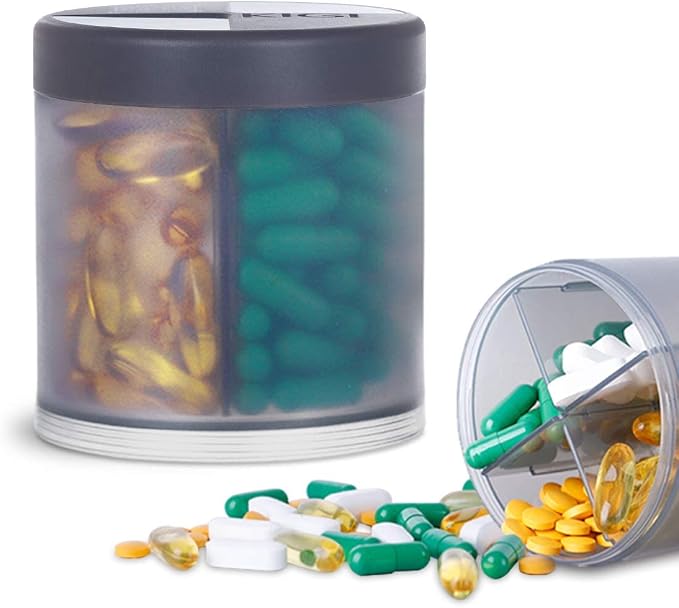 KIGI Extra Large Supplement Organizer with 4 Compartments Easy Open Pill Dispenser Monthly Medicine Vitamins Organizers Storage Pill Bottles, Gray