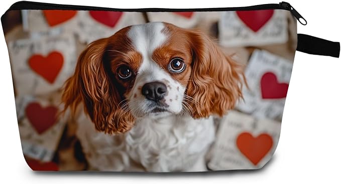 Cavalier King Charles Spaniel Makeup Bag Red Heart Background Adorable Dog Print Cosmetic Pouch for Dog Lovers Travel Toiletry Organizer Gift for Pet Enthusiasts