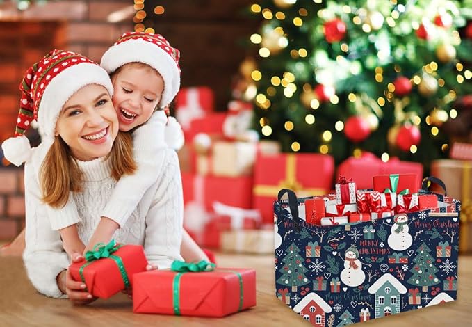 Rectangular Christmas Baskets,Snowman Basket Empty,Waterproof PE Coating Cute Bins for Kids with Handles,Gifts Baskets,Books Bin. (Blue Snowman)