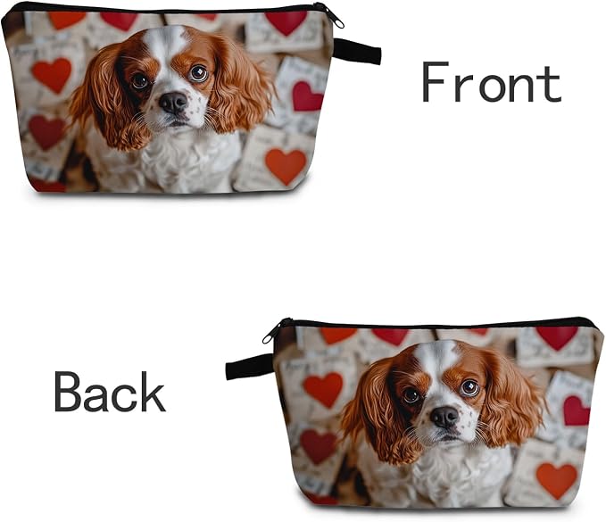 Cavalier King Charles Spaniel Makeup Bag Red Heart Background Adorable Dog Print Cosmetic Pouch for Dog Lovers Travel Toiletry Organizer Gift for Pet Enthusiasts